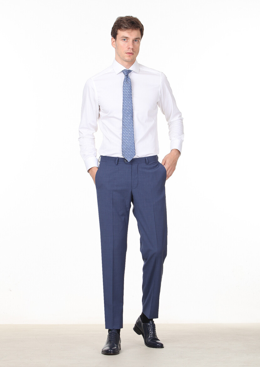 Mavi Düz Dokuma Regular Fit Klasik %100 Yün Pantolon - 2