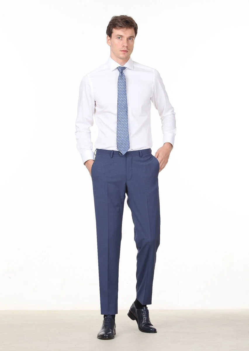 Mavi Düz Dokuma Regular Fit Klasik %100 Yün Pantolon - 2
