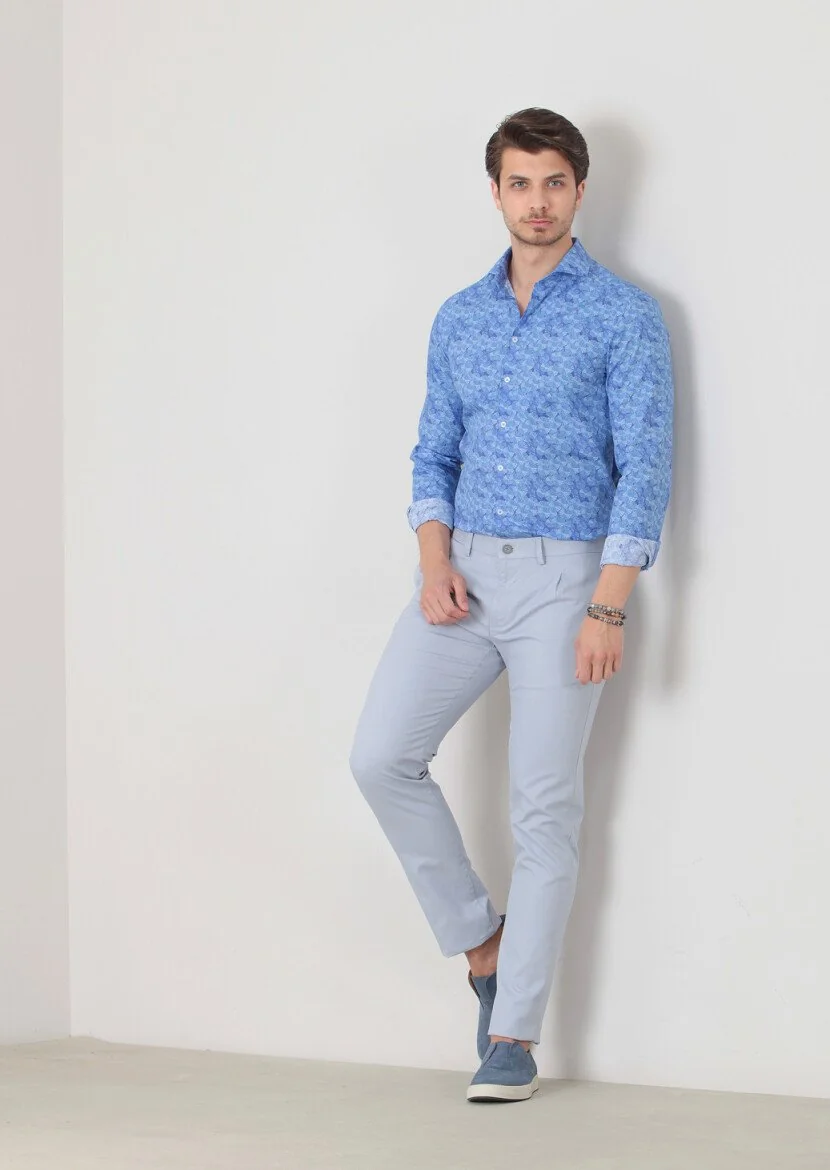 Mavi Düz Dokuma Slim Fit Casual Pamuk Karışımlı Pantolon 
