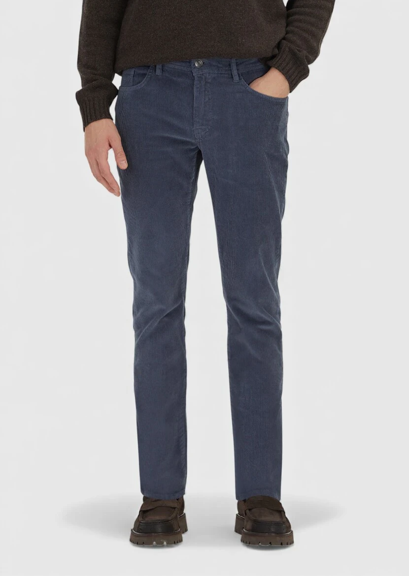 Mavi Düz Dokuma Slim Fit Kadife Casual Pamuk Karışımlı Pantolon - RAMSEY