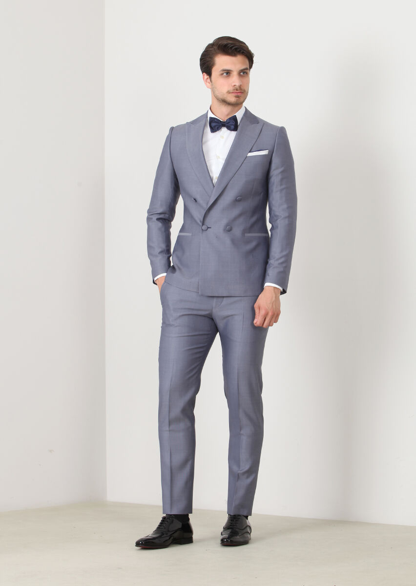 Mavi Düz Fashion Slim Fit Kruvaze Yaka Dokuma Smokin Takım Elbise - 1