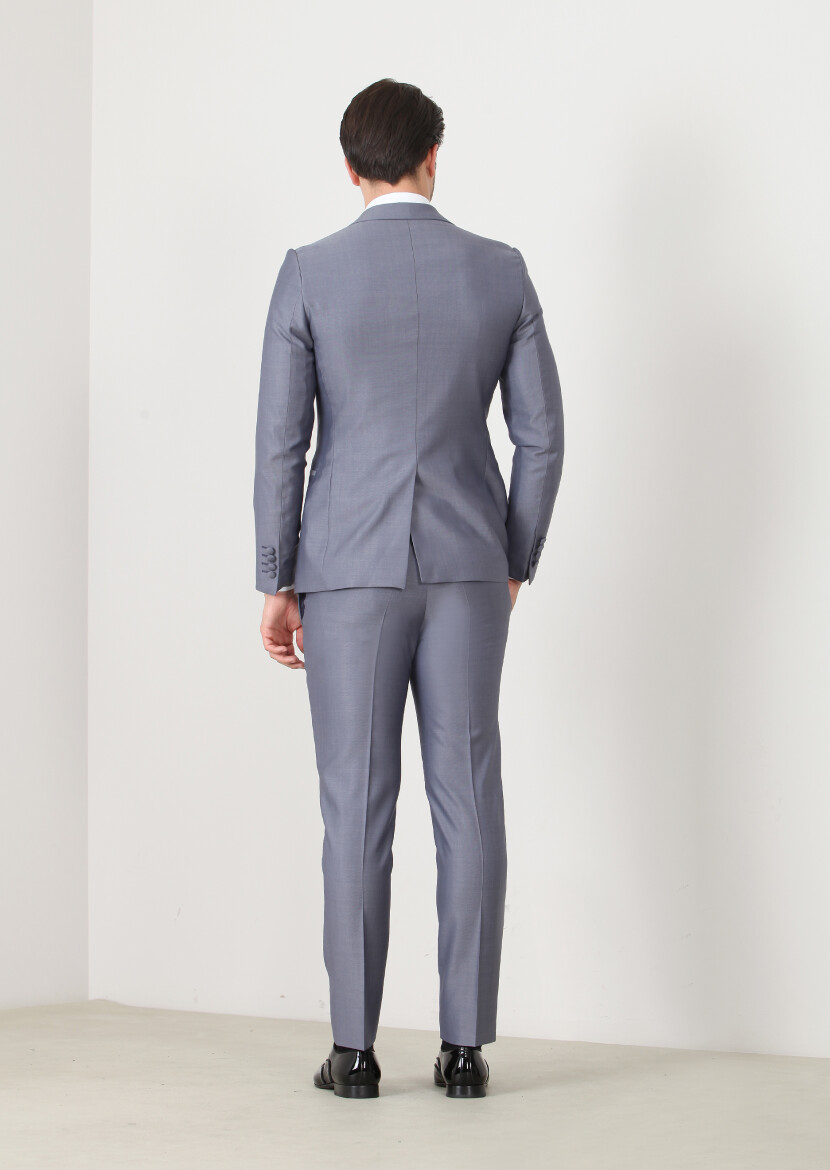 Mavi Düz Fashion Slim Fit Kruvaze Yaka Dokuma Smokin Takım Elbise - 3