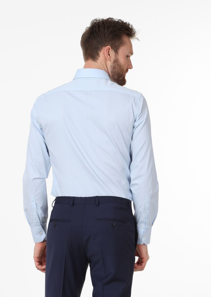 Mavi Düz Fitted Fit Uzun Dokuma Klasik Pamuk Karışımlı Gömlek - 4