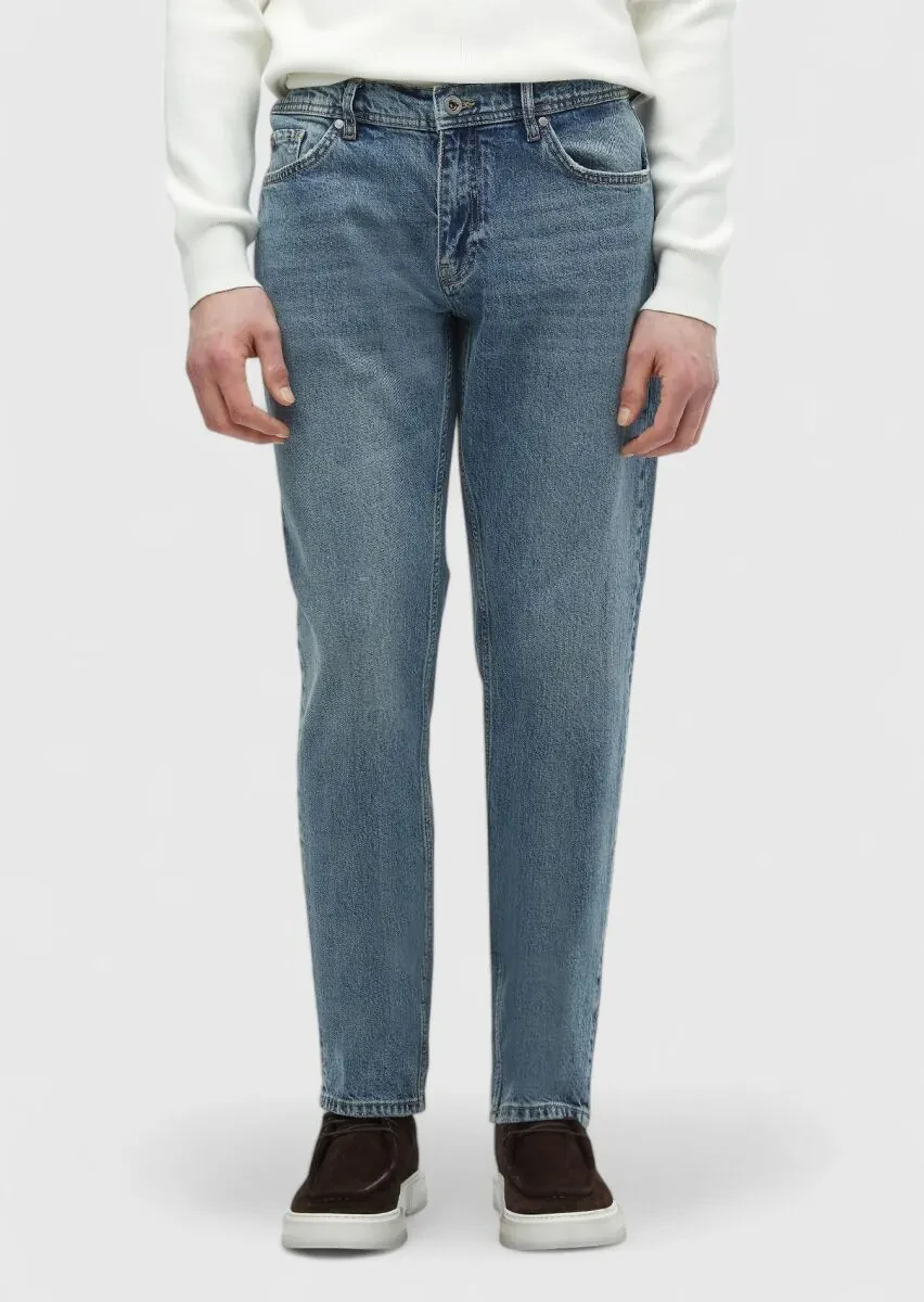 Mavi Düz Loose Fit Denim Pamuk Karışımlı Pantolon - 2