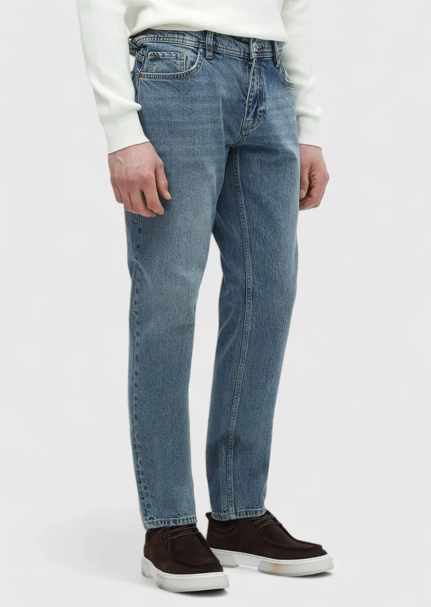 Mavi Düz Loose Fit Denim Pamuk Karışımlı Pantolon - 3