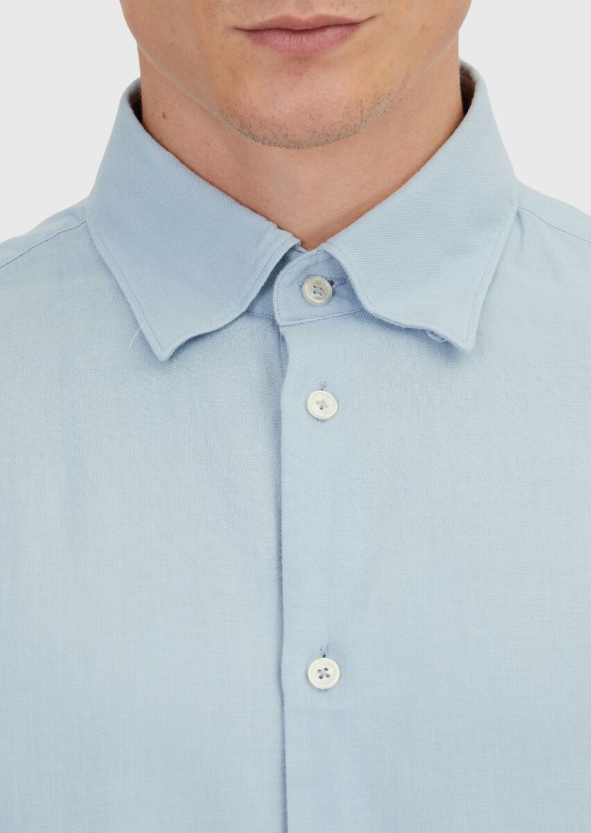 Mavi Düz Loose Fit Dokuma Casual Yün Karışımlı Gömlek - 4