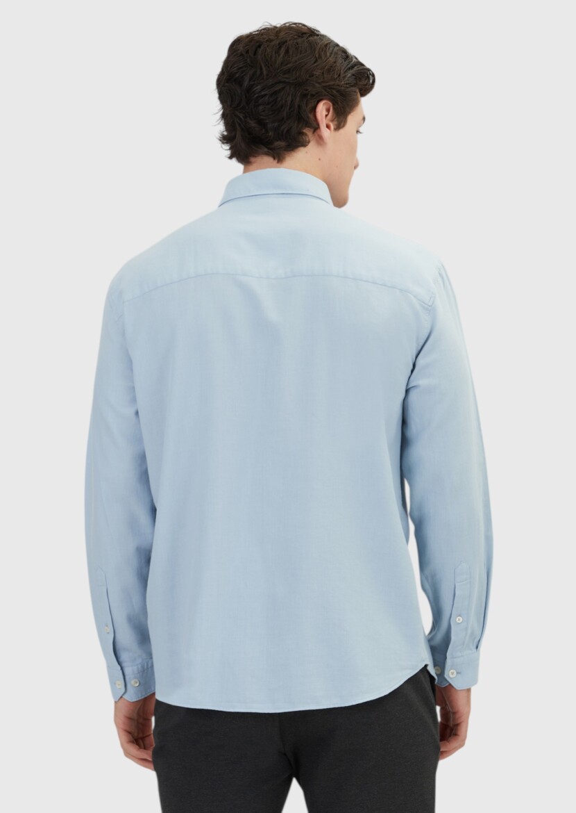 Mavi Düz Loose Fit Dokuma Casual Yün Karışımlı Gömlek - 5