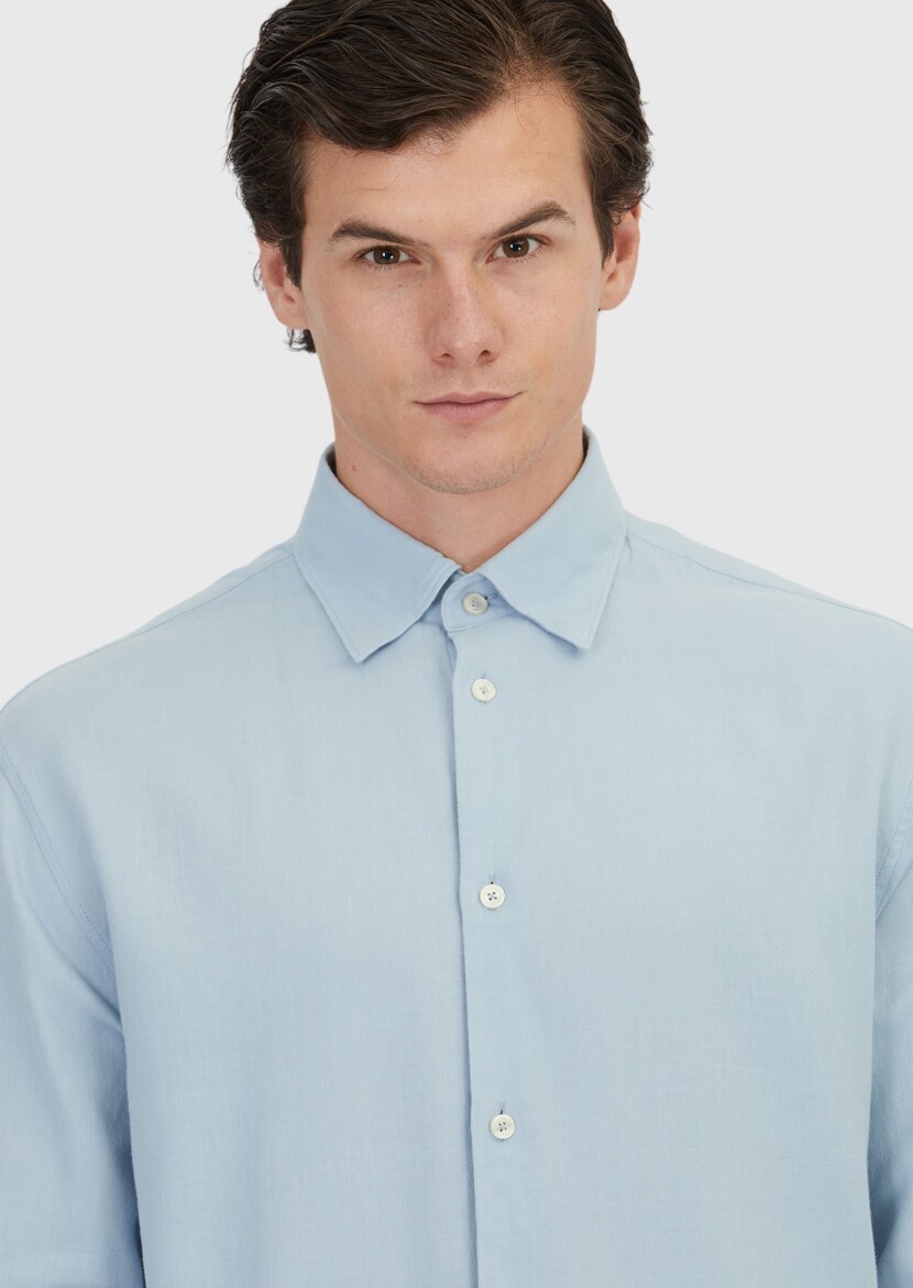 Mavi Düz Loose Fit Uzun Dokuma Casual Yün Karışımlı Gömlek - 3