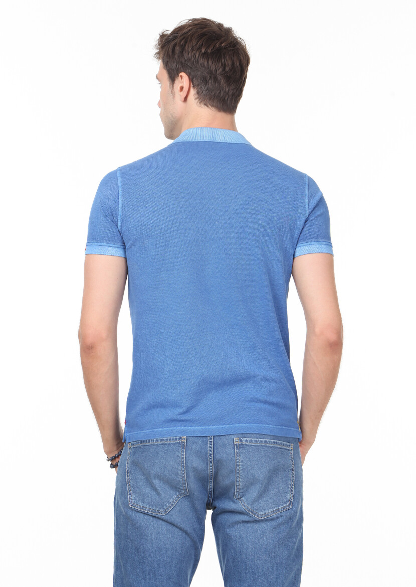 Mavi Düz Polo Yaka %100 Pamuk T-Shirt - 4