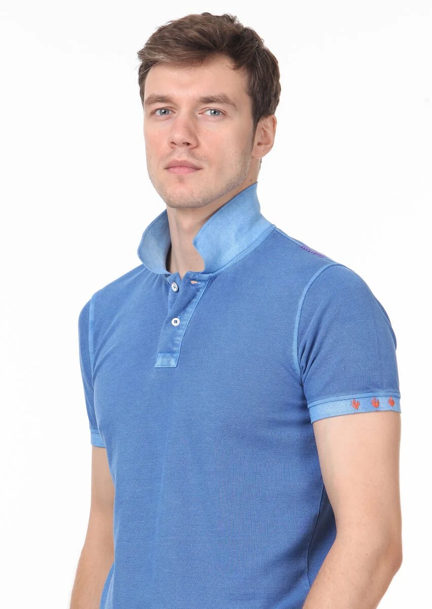 Mavi Düz Polo Yaka %100 Pamuk T-Shirt - 2