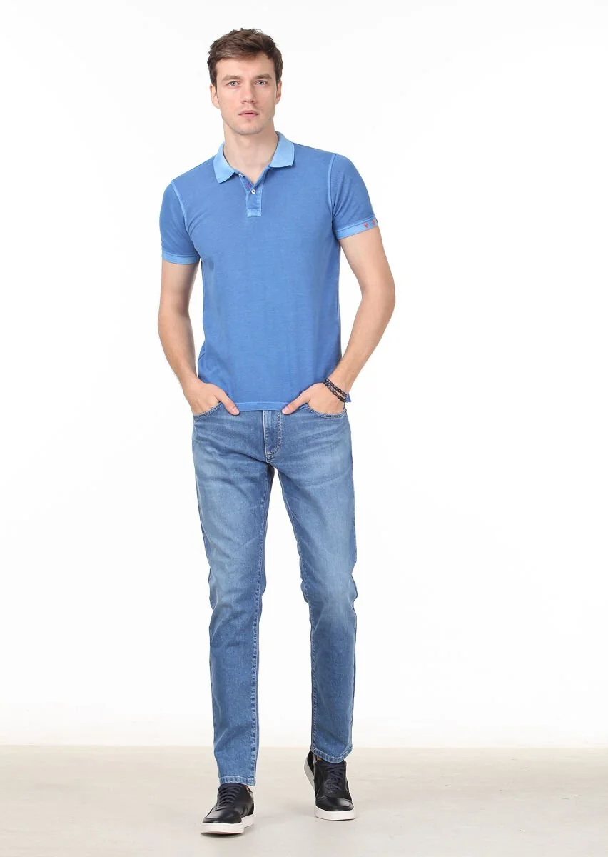 Mavi Düz Polo Yaka %100 Pamuk T-Shirt - 3
