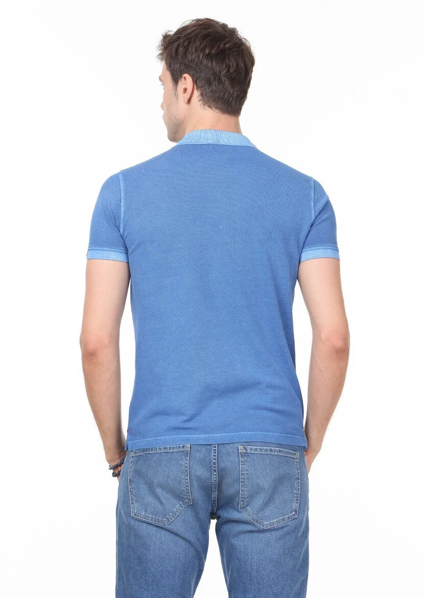 Mavi Düz Polo Yaka %100 Pamuk T-Shirt - 4