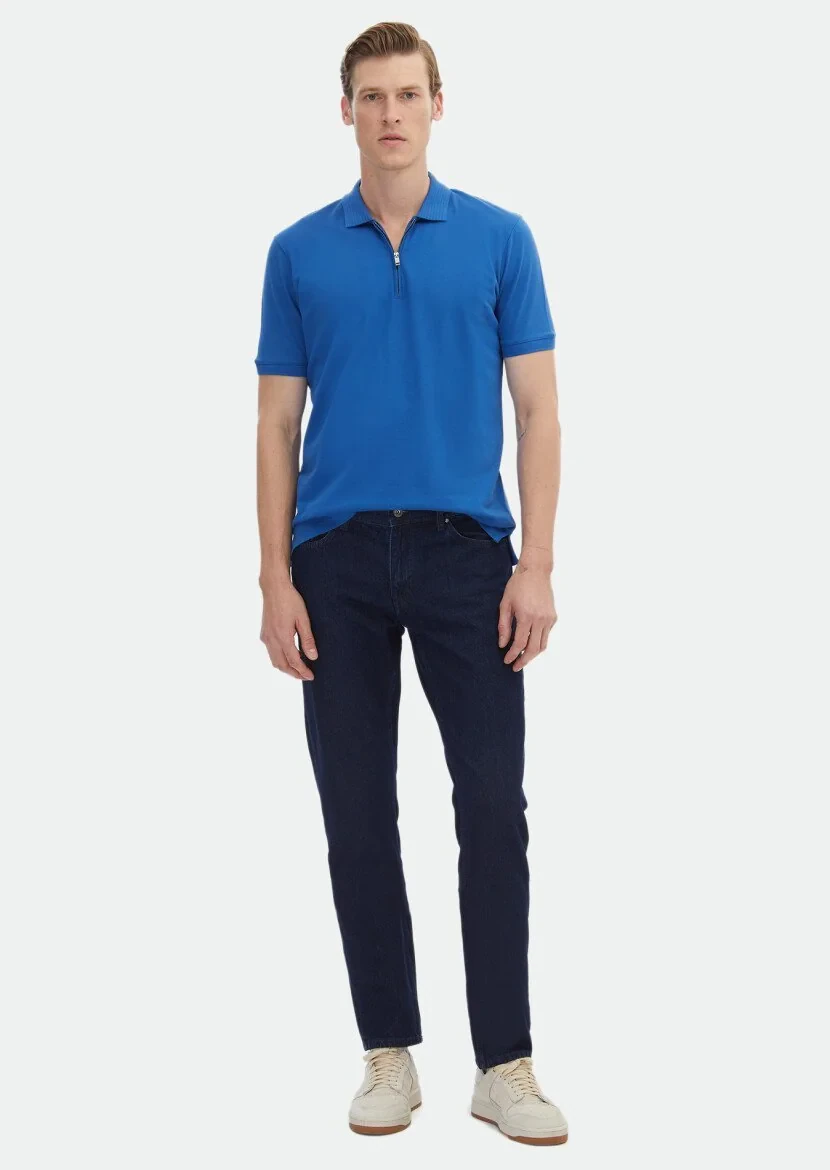 Mavi Düz Polo Yaka %100 Pamuk T-Shirt 