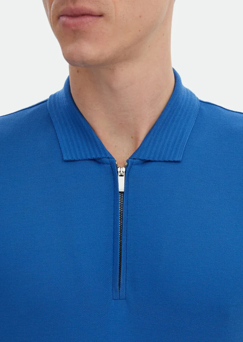 Mavi Düz Polo Yaka %100 Pamuk T-Shirt - 4