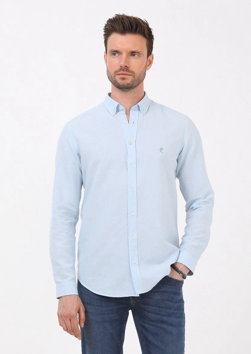 Mavi Düz Regular Fit Dokuma Casual Pamuk Karışımlı Gömlek - 1