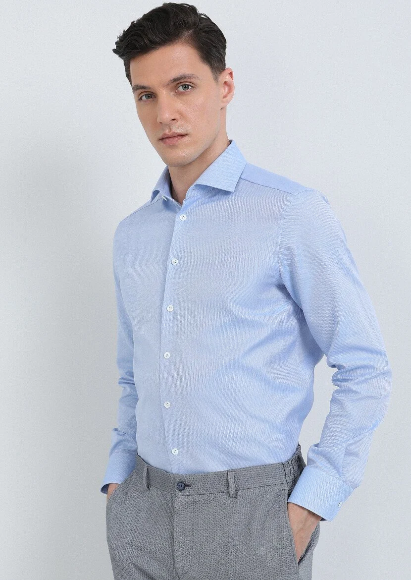 Mavi Düz Regular Fit Dokuma Klasik %100 Pamuk Gömlek - 2