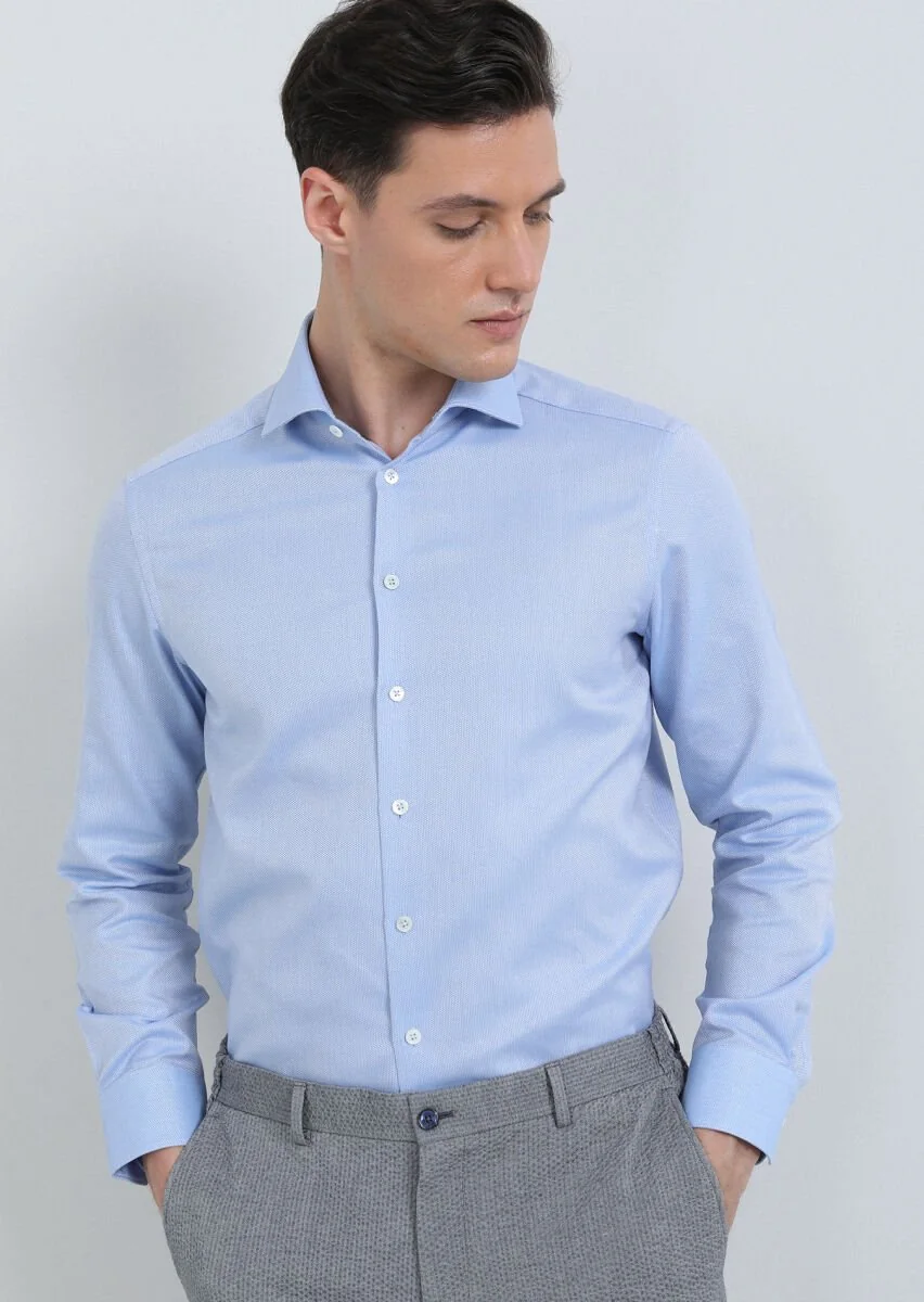 Mavi Düz Regular Fit Dokuma Klasik %100 Pamuk Gömlek - 4