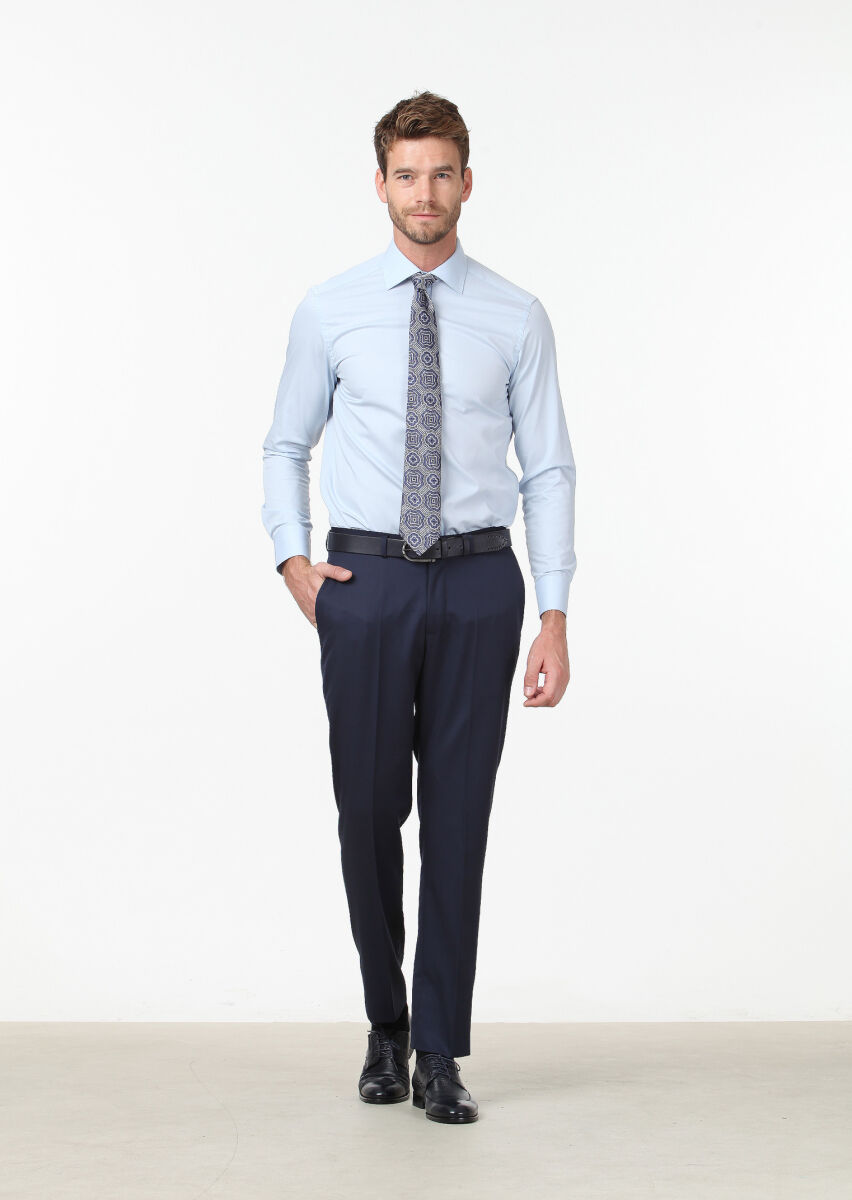 Mavi Düz Regular Fit Dokuma Klasik Pamuk Karışımlı Gömlek - 2