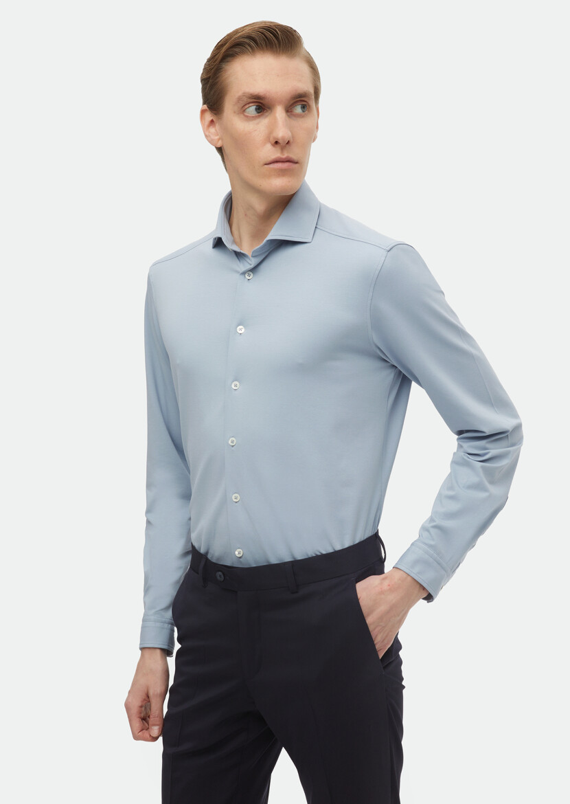 Mavi Düz Regular Fit Uzun Casual Pamuk Karışımlı Gömlek - 1