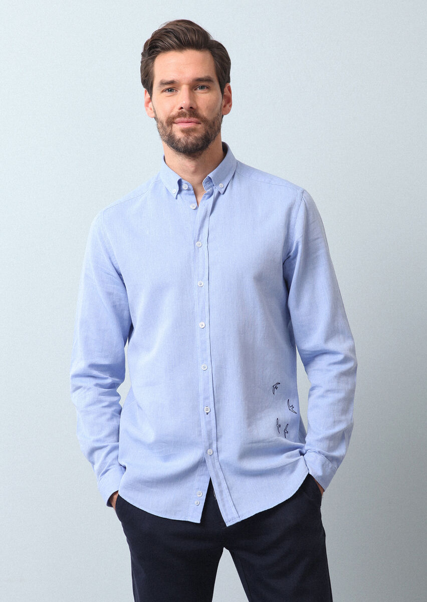 Mavi Düz Regular Fit Uzun Dokuma Casual %100 Pamuk Gömlek - 4