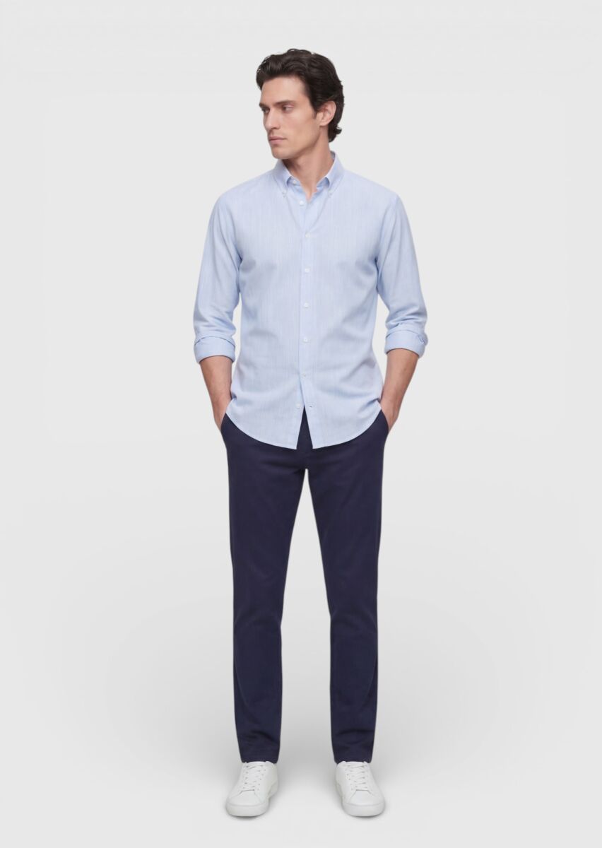 Mavi Düz Regular Fit Uzun Dokuma Casual İpek Karışımlı Gömlek - 3