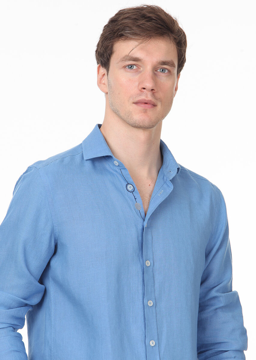 Mavi Düz Regular Fit Uzun Dokuma Casual Pamuk Karışımlı Gömlek - 2