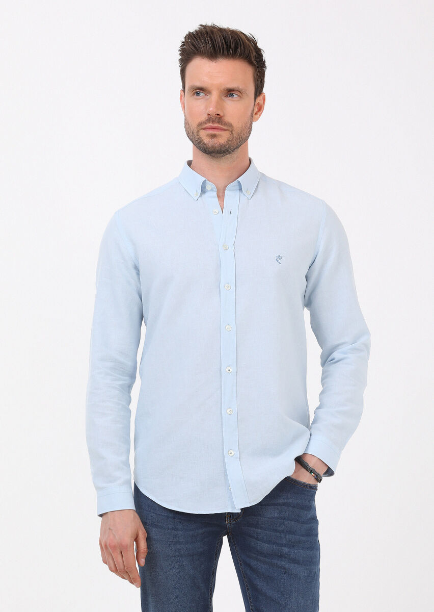 Mavi Düz Regular Fit Uzun Dokuma Casual Pamuk Karışımlı Gömlek - 1