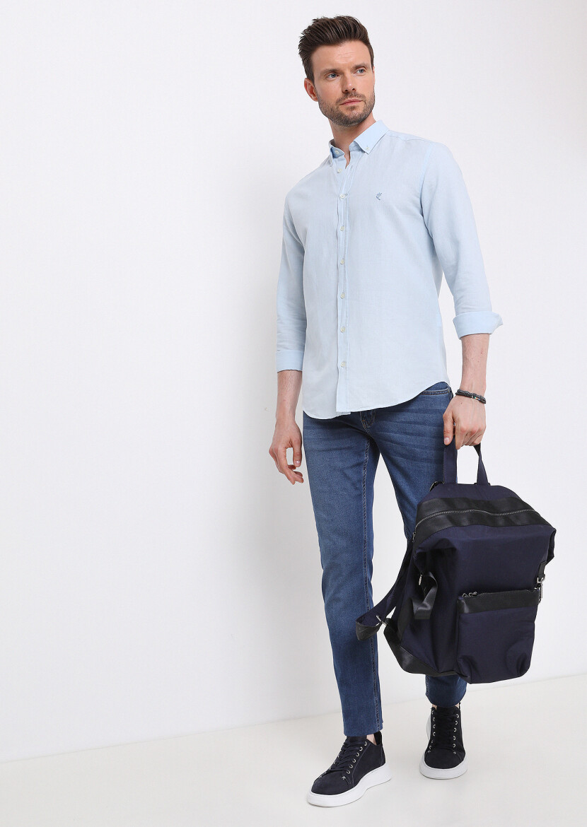 Mavi Düz Regular Fit Uzun Dokuma Casual Pamuk Karışımlı Gömlek 