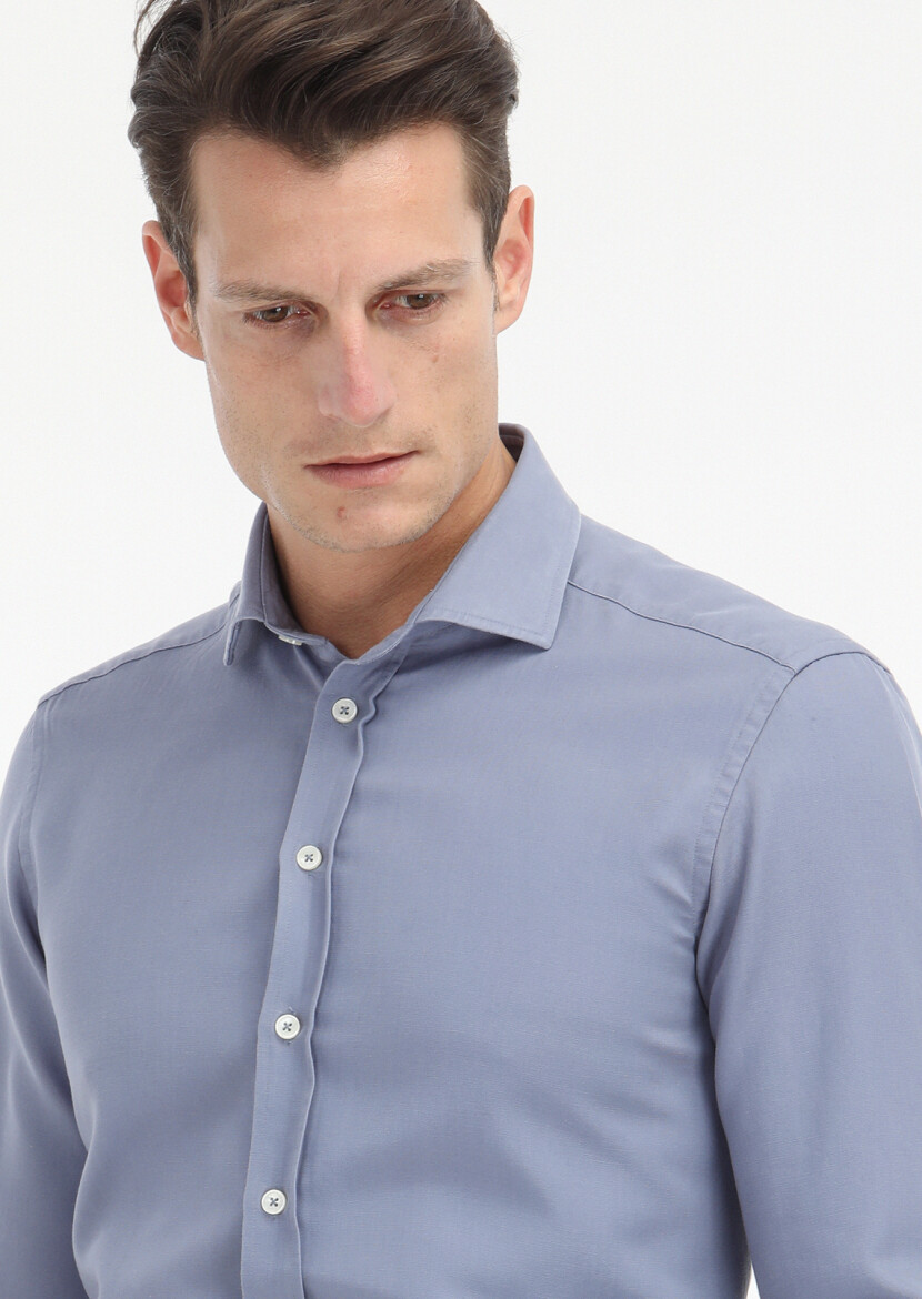 Mavi Düz Regular Fit Uzun Dokuma Casual Pamuk Karışımlı Gömlek - 3
