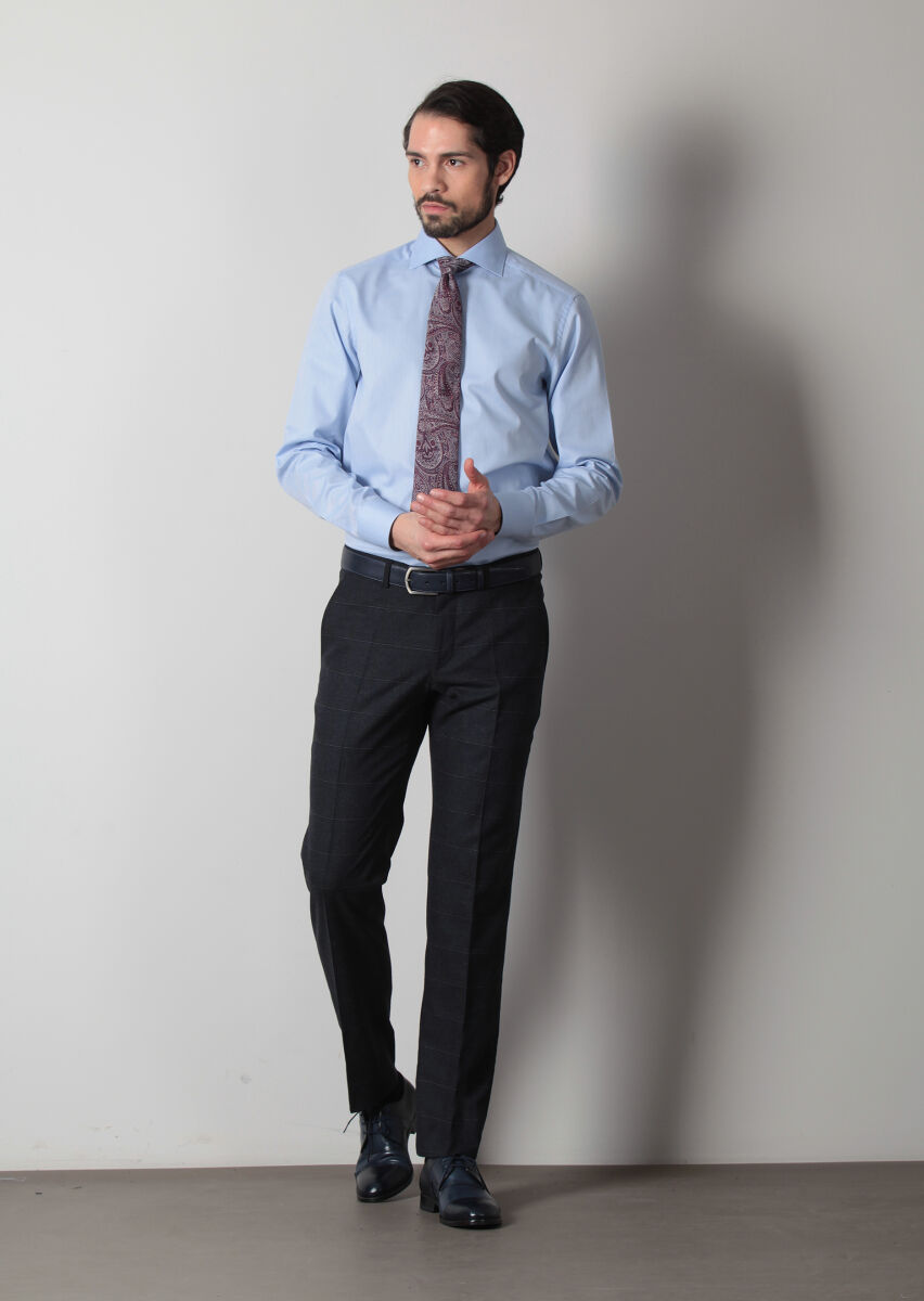 Mavi Düz Regular Fit Uzun Dokuma Klasik %100 Pamuk Gömlek - 2