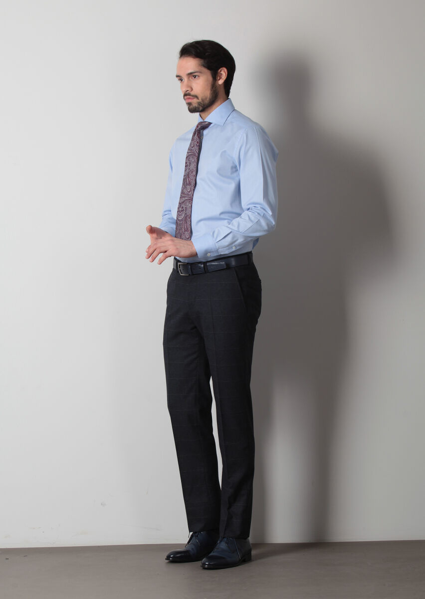 Mavi Düz Regular Fit Uzun Dokuma Klasik %100 Pamuk Gömlek - 3