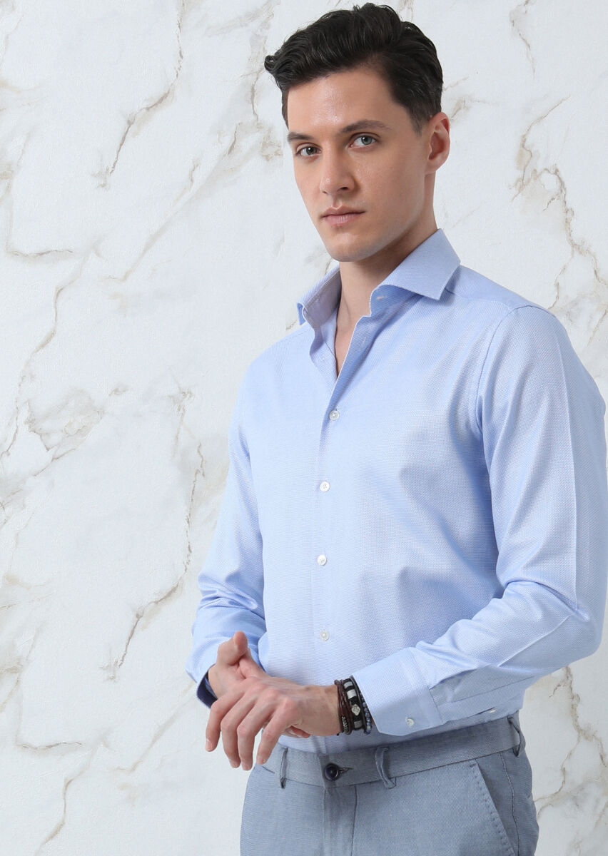 Mavi Düz Regular Fit Uzun Dokuma Klasik %100 Pamuk Gömlek - 4