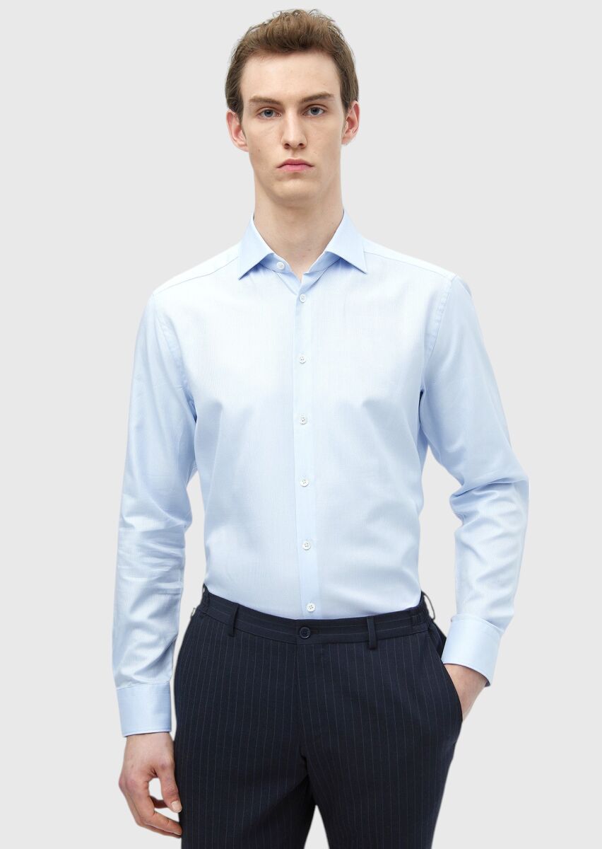Mavi Düz Regular Fit Uzun Dokuma Klasik %100 Pamuk Gömlek - 1