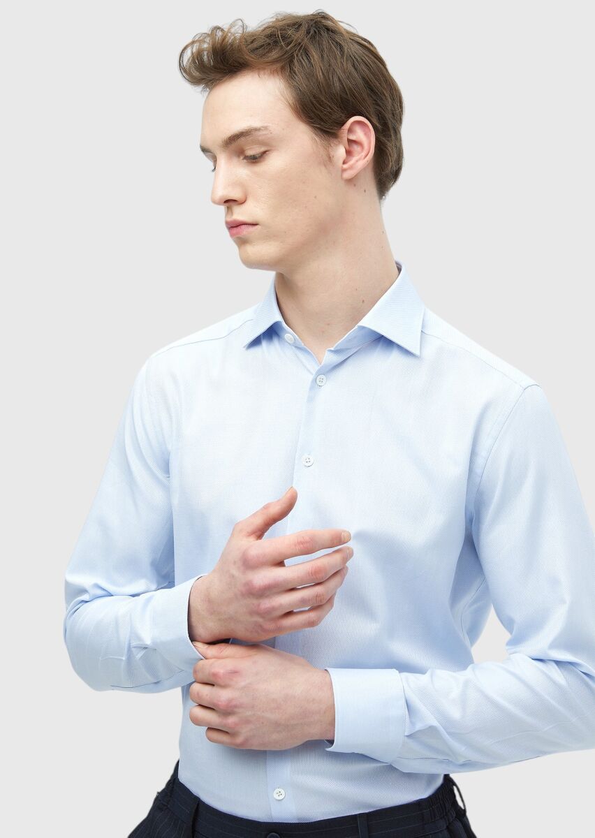 Mavi Düz Regular Fit Uzun Dokuma Klasik %100 Pamuk Gömlek - 4