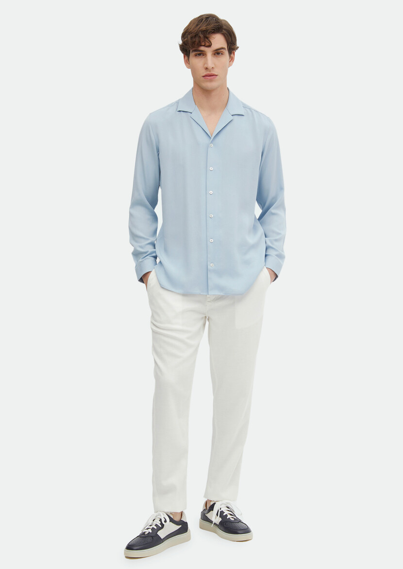 Mavi Düz Regular Fit Uzun Dokuma Klasik Gömlek 