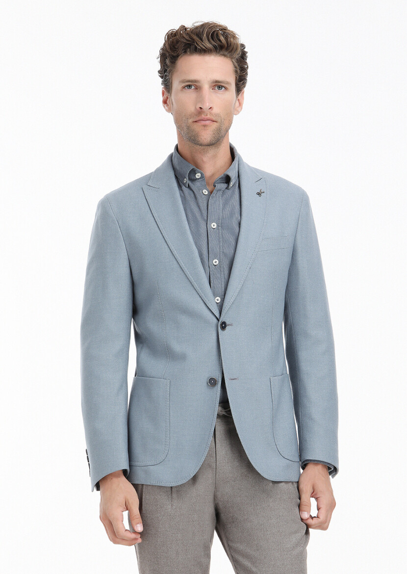 Mavi Düz Shirt Shoulder Slim Fit Yün Karışımlı Ceket - 2