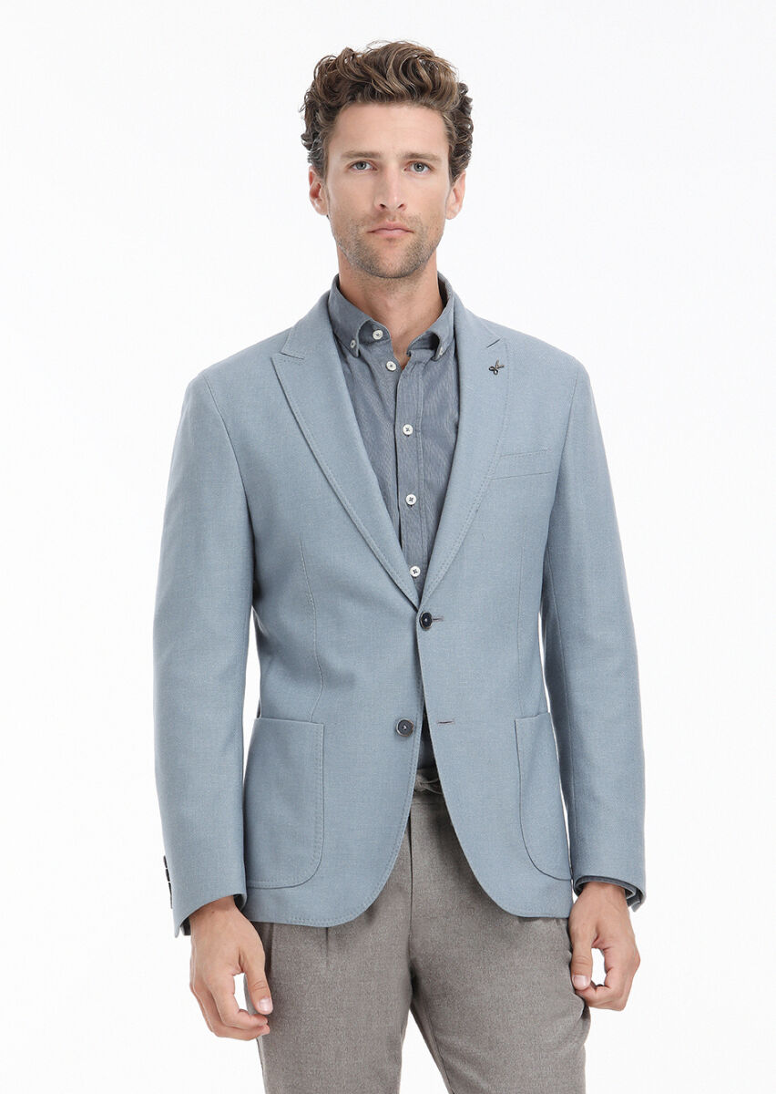 Mavi Düz Shirt Shoulder Slim Fit Yün Karışımlı Ceket - 2