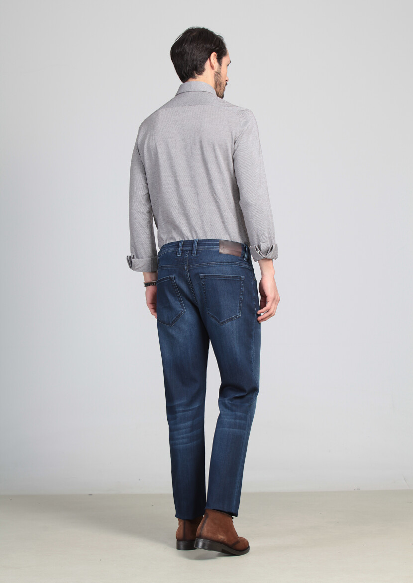 Mavi Düz Slim Fit Denim Pamuk Karışımlı Pantolon - 4