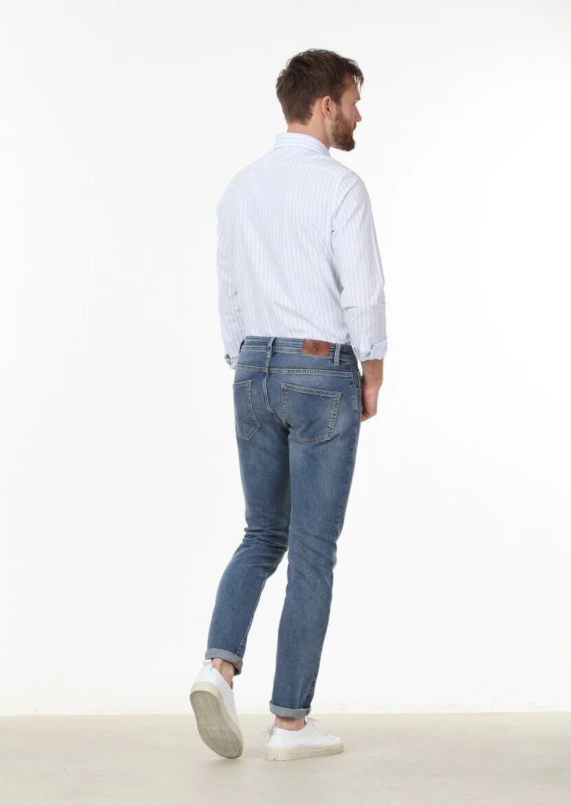 Mavi Düz Slim Fit Denim Pamuk Karışımlı Pantolon - 4