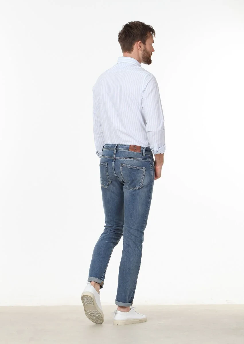 Mavi Düz Slim Fit Denim Pamuk Karışımlı Pantolon - 4