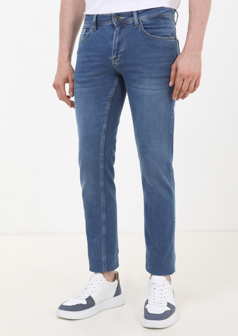 Mavi Düz Slim Fit Denim Pamuk Karışımlı Pantolon - 1