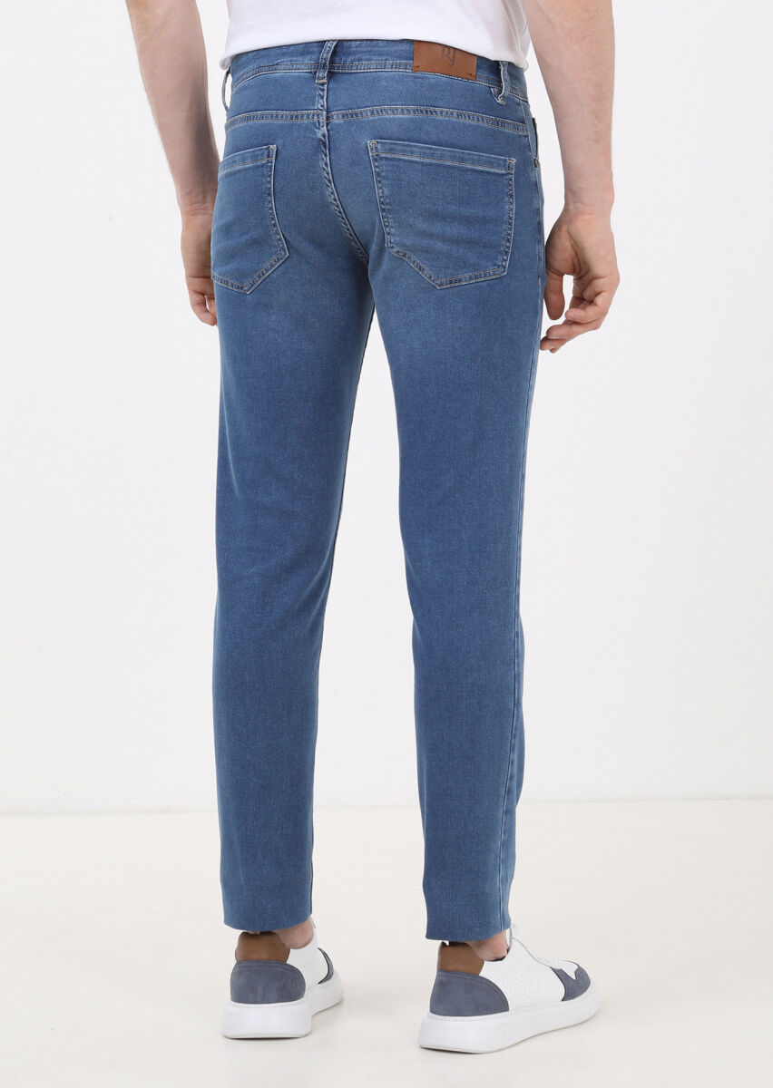 Mavi Düz Slim Fit Denim Pamuk Karışımlı Pantolon - 3