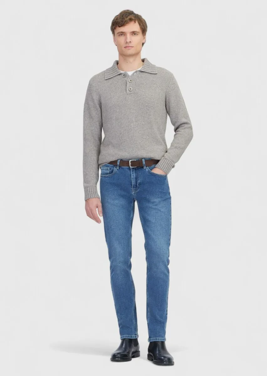 Mavi Düz Slim Fit Denim Pamuk Karışımlı Pantolon - 1