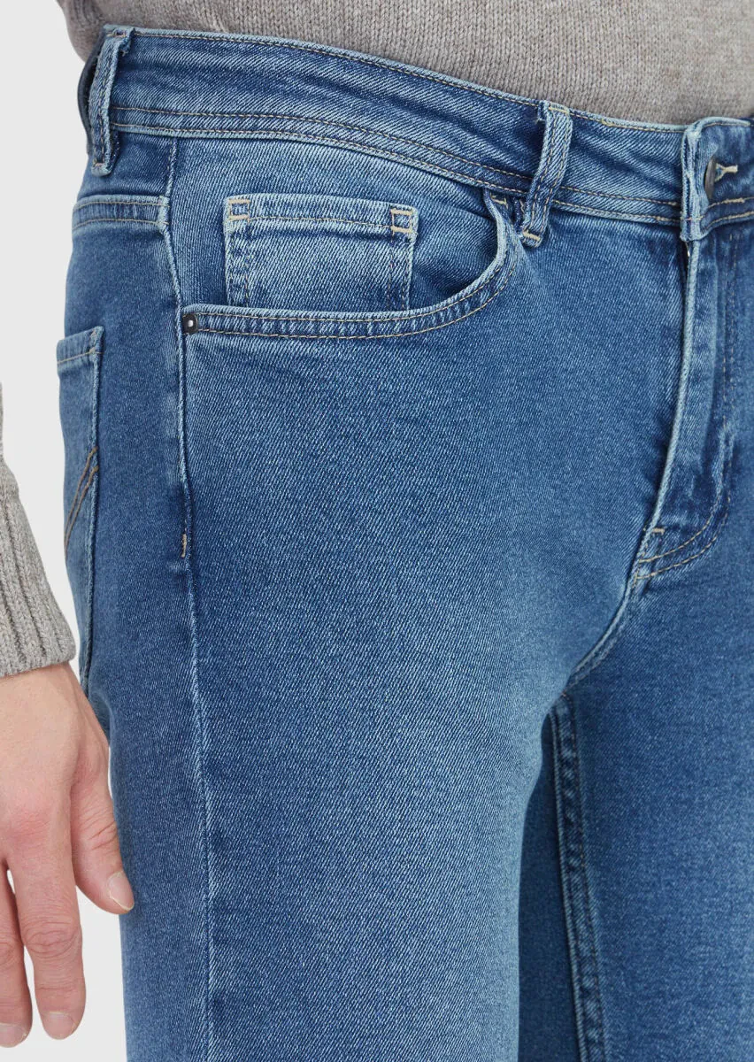 Mavi Düz Slim Fit Denim Pamuk Karışımlı Pantolon - 4