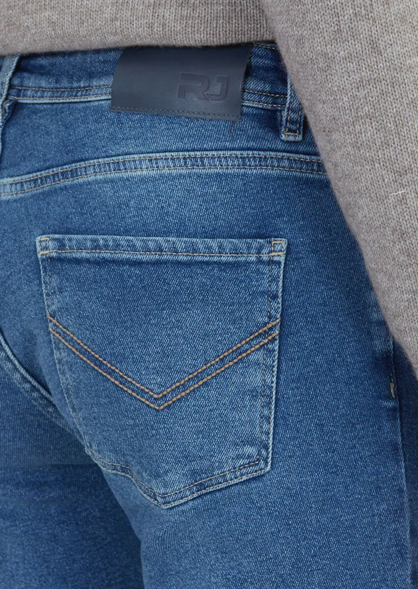 Mavi Düz Slim Fit Denim Pamuk Karışımlı Pantolon - 5