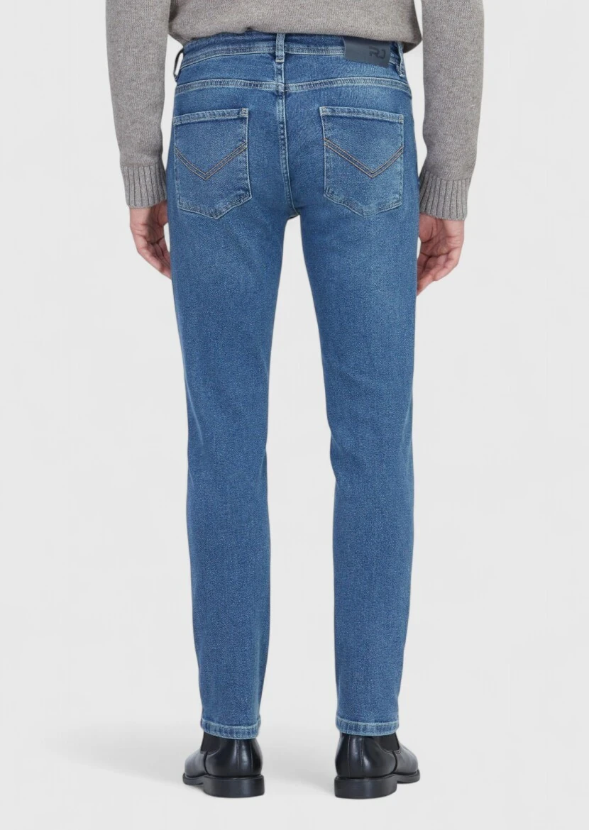 Mavi Düz Slim Fit Denim Pamuk Karışımlı Pantolon - 6