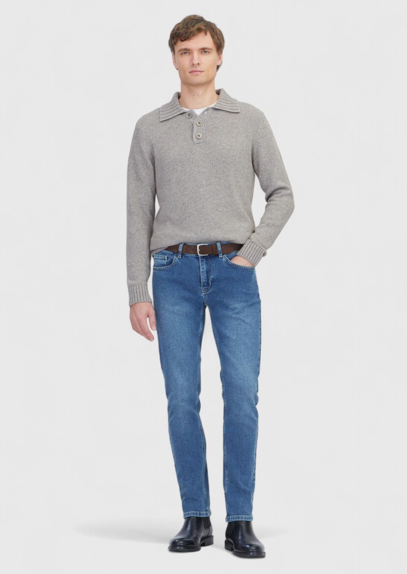 Mavi Düz Slim Fit Denim Pamuk Karışımlı Pantolon - RAMSEY