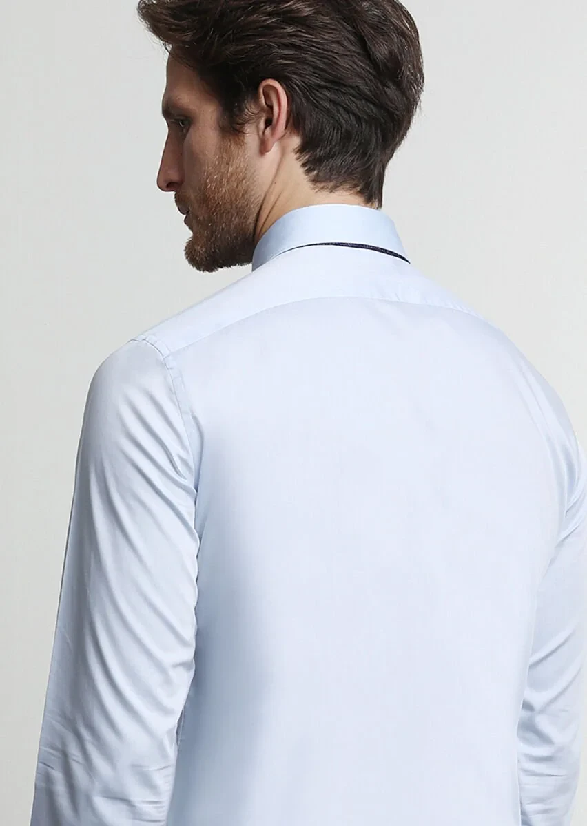 Mavi Düz Slim Fit Dokuma Klasik %100 Pamuk Gömlek - 4
