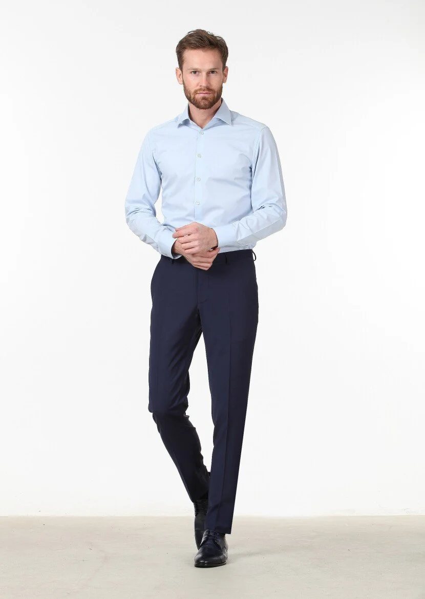 Mavi Düz Slim Fit Dokuma Klasik Pamuk Karışımlı Gömlek 