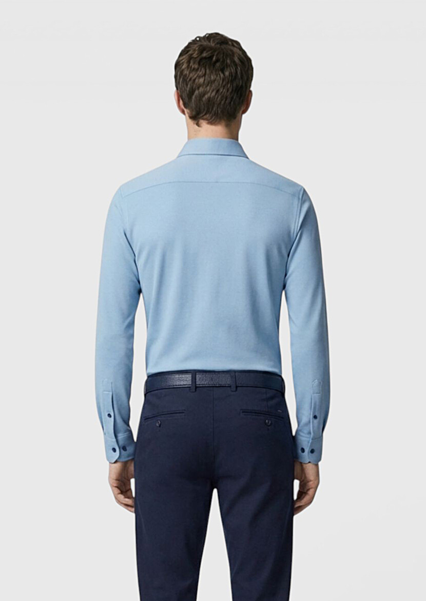 Mavi Düz Slim Fit Kumaş Casual Pamuk Karışımlı Gömlek - 4